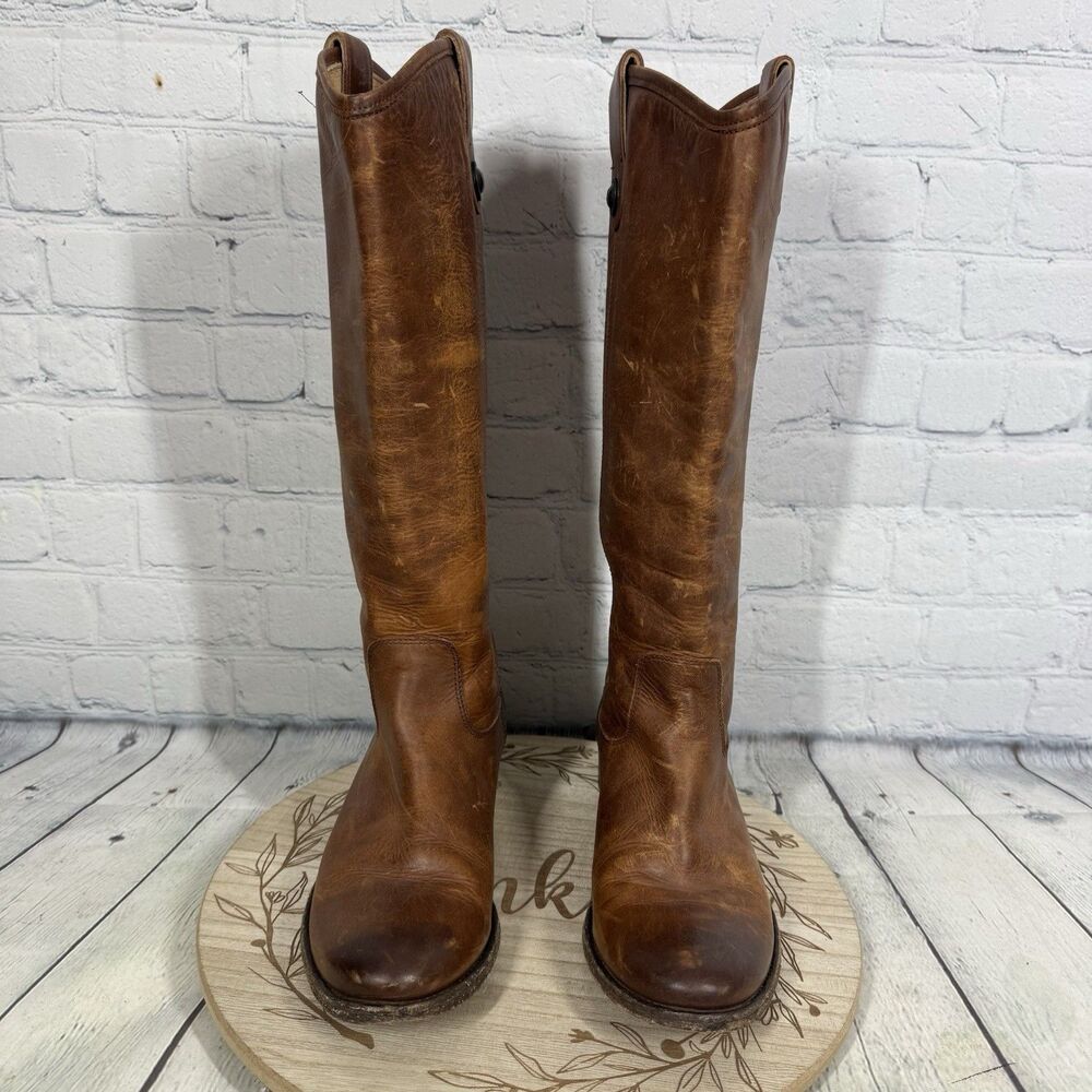 Frye Melissa Leather Riding Boots Women 7 Brown Distressed Button 2 Equestrian - Picture 2 of 16